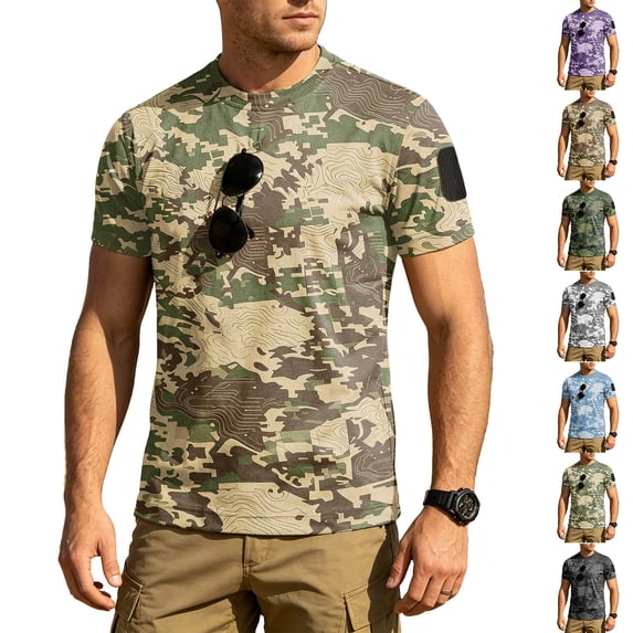 Workout Shirts for Men Camo Print Short Sleeve Quick Dry Athletic Gym Active T Shirt Moisture Wicking
