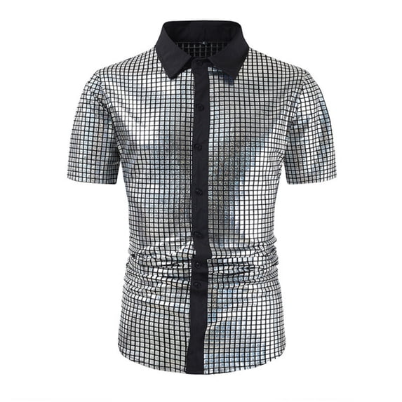 Workout Shirts for Men Short Sleeve,Men's Sequin 70s 80s Disco Shirt - Retro Short Sleeve Button Up Costume Year Party Outfit Top & Clubwear