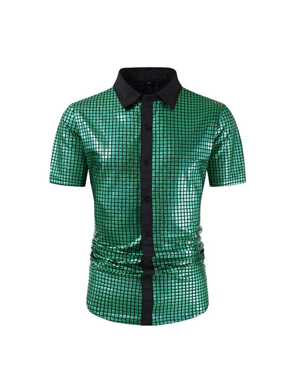 Workout Shirts for Men Short Sleeve,Men's Sequin 70s 80s Disco Shirt - Retro Short Sleeve Button Up Costume Year Party Outfit Top & Clubwear