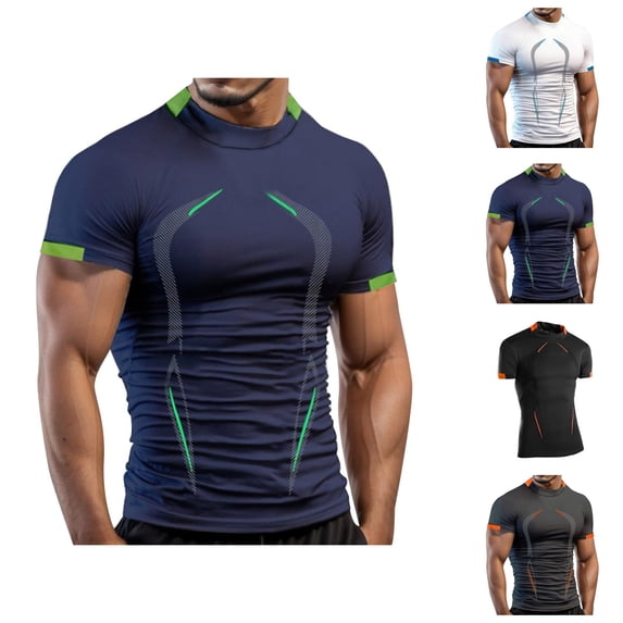 Workout Shirts for Men Summer Short Sleeve Neck Fitting Tight Quick Drying Muscle Tees Athletic Gym Tshirts