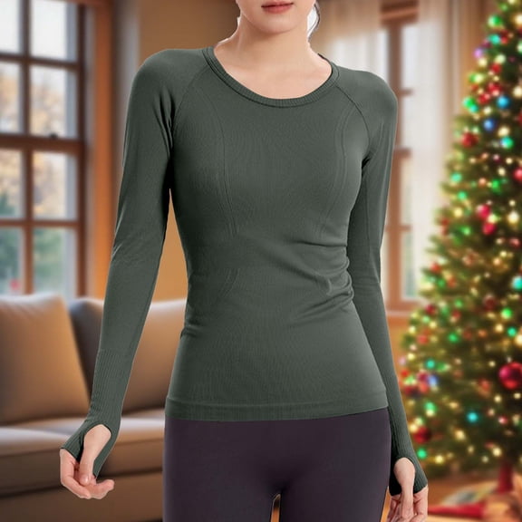 Workout Shirts for Women Long Sleeve Slim Fitting T-Shirt, Seamless Yoga Shirts Breathable Athletic Tops with Thumb Hole Green M