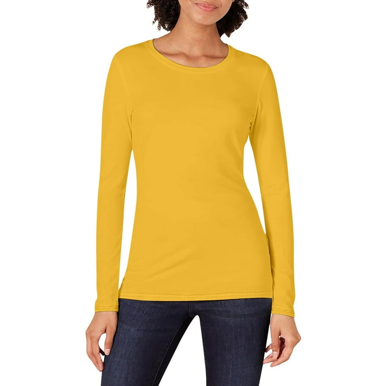 Workout Shirts for Women Women s Classic Fit Long Sleeve Crew Neck Solid Color Long Sleeved Base T Shirt Yellow L