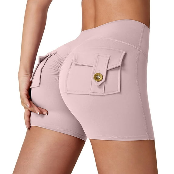 Workout Shorts, Comdrip Scrunch Workout Shorts with Pockets Charm Gym Biker Shorts for Women High Waisted Yoga Booty Shorts Womens Cargo Shorts Pink L