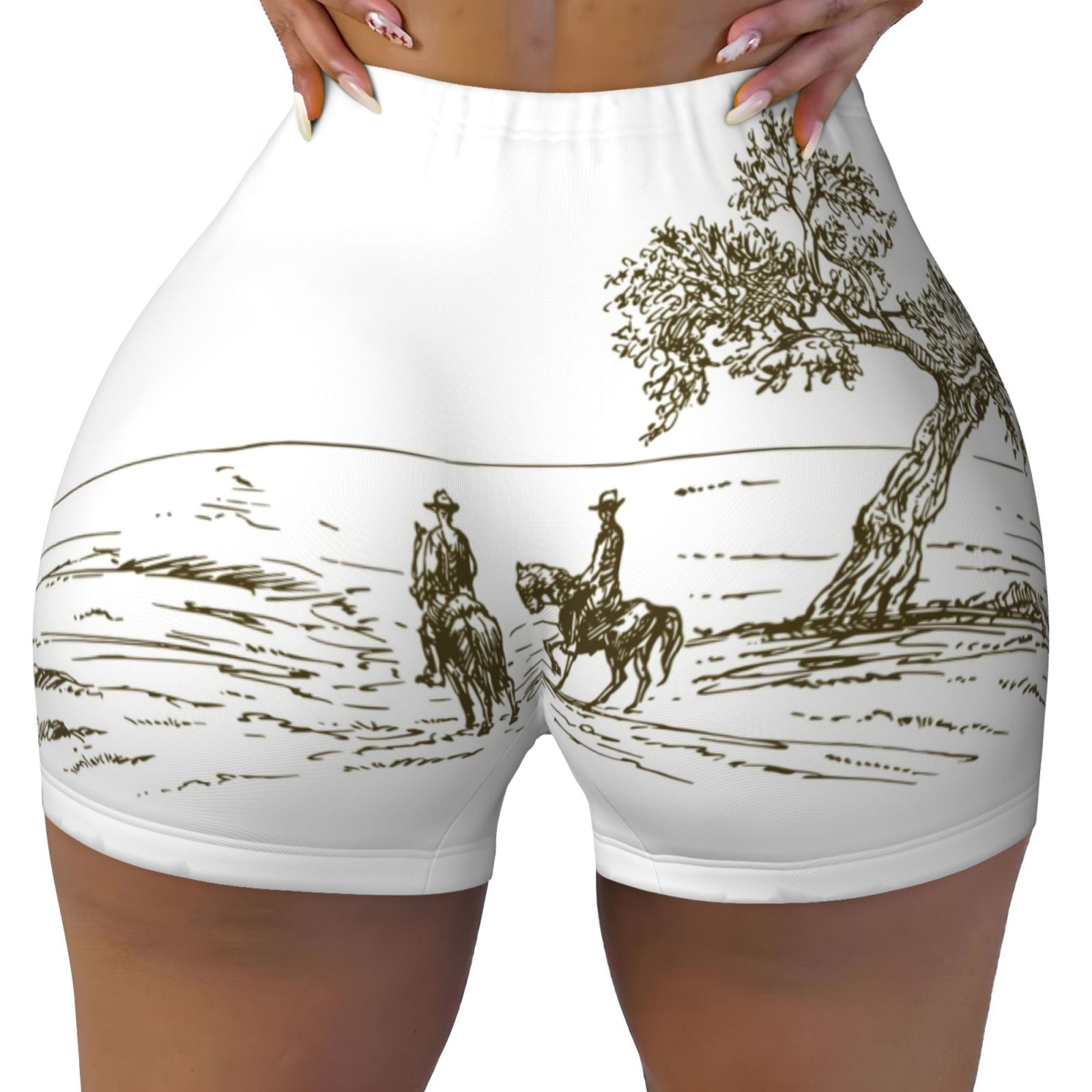 Workout Shorts Women, Cowboys Riding A Horse Near A Tree Soft