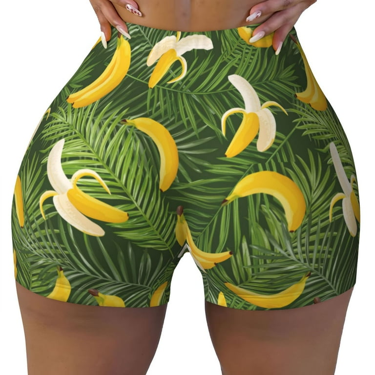 Workout Shorts Women Funny Banana Leaves Soft Breathable Biker Shorts for Women Running Gym Spandex Shorts Tummy Control