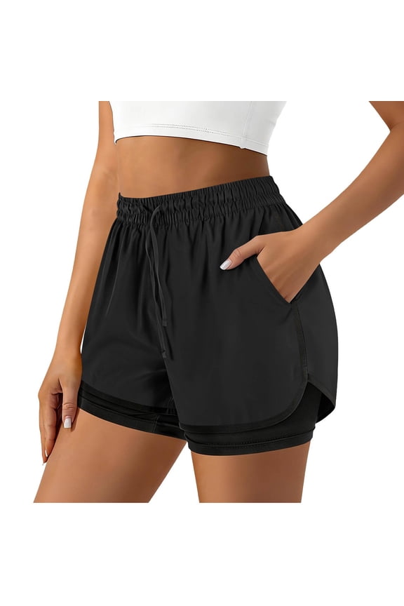 Workout Shorts Women Plus Size 2 In 1 Running Shorts High Waisted Drawstring Casual Athletic Shorts with Pockets