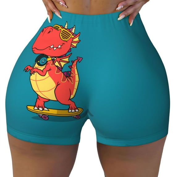 Workout Shorts Women, Skateboard Dinosaur Fun Biker Shorts for Women Running Gym Spandex Shorts Tummy Control