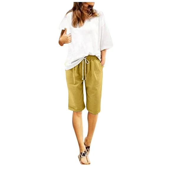 Workout Shorts Women Summer Plus Size High Waisted Lacing Beach Pocket Knee Length Bermuda Cargo Board Gym Yellow Bottoms Sizes 8XL