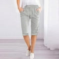 thumbnail image 1 of Workout Shorts Women, Women Solid Color High Waisted Elastic Drawstring With Pocket Cotton And Linen Five Quarter Pants Gray S, 1 of 8