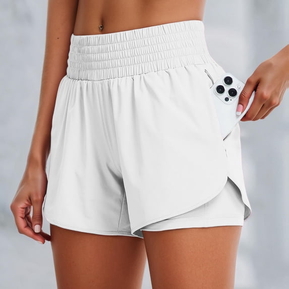 Workout Shorts for Womens Loose Quick Dry Elastic High Waisted Running Shorts with Built-In Liner Lightweight Summer Lounge Shorts with Pockets White M