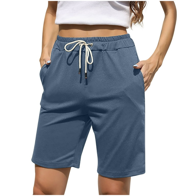 Workout Shorts for Women Elastic Waist Drawstring Straight Leg Shorts  Casual Knee Length Lounge Shorts with Pockets Ladies Clothes 