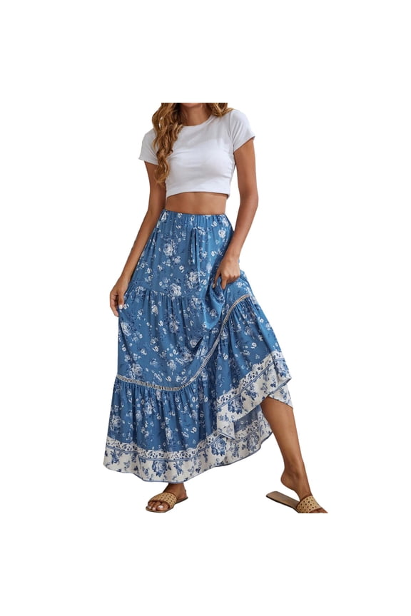Workout Skirts for Women Front Slit Color Block Breathable Flowy Swing Pleated Beach Long Skirt with Pockets