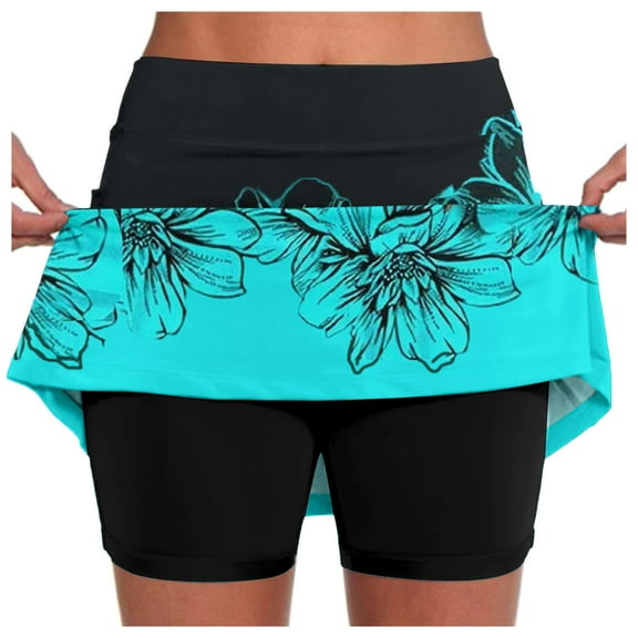 Workout Skirts for Women Inner Shorts Floral Print Ruffle Shorts Tummy Control Casual Workout Running Sports Skirts,Blue,2XL