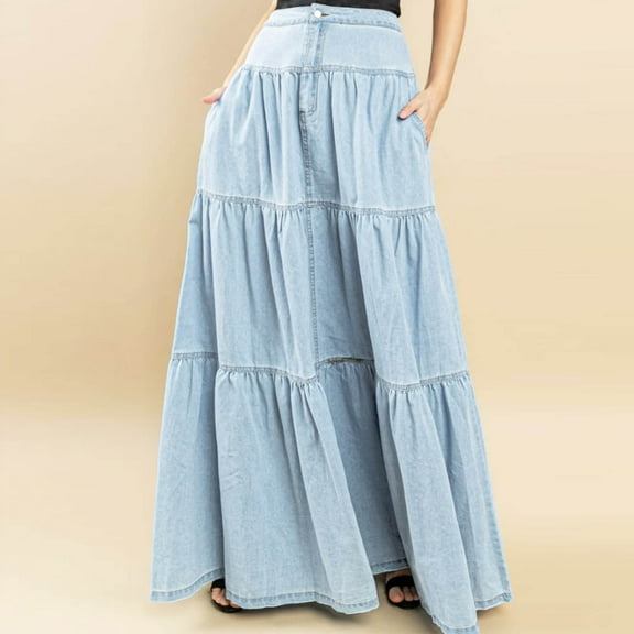 Workout Skirts for Women Women's Denim Maxi Skirt High Waist Button Boho Flowy Pleated Tiered Ruffle Flowy A-Line Long Jean Skirt Light Blue L