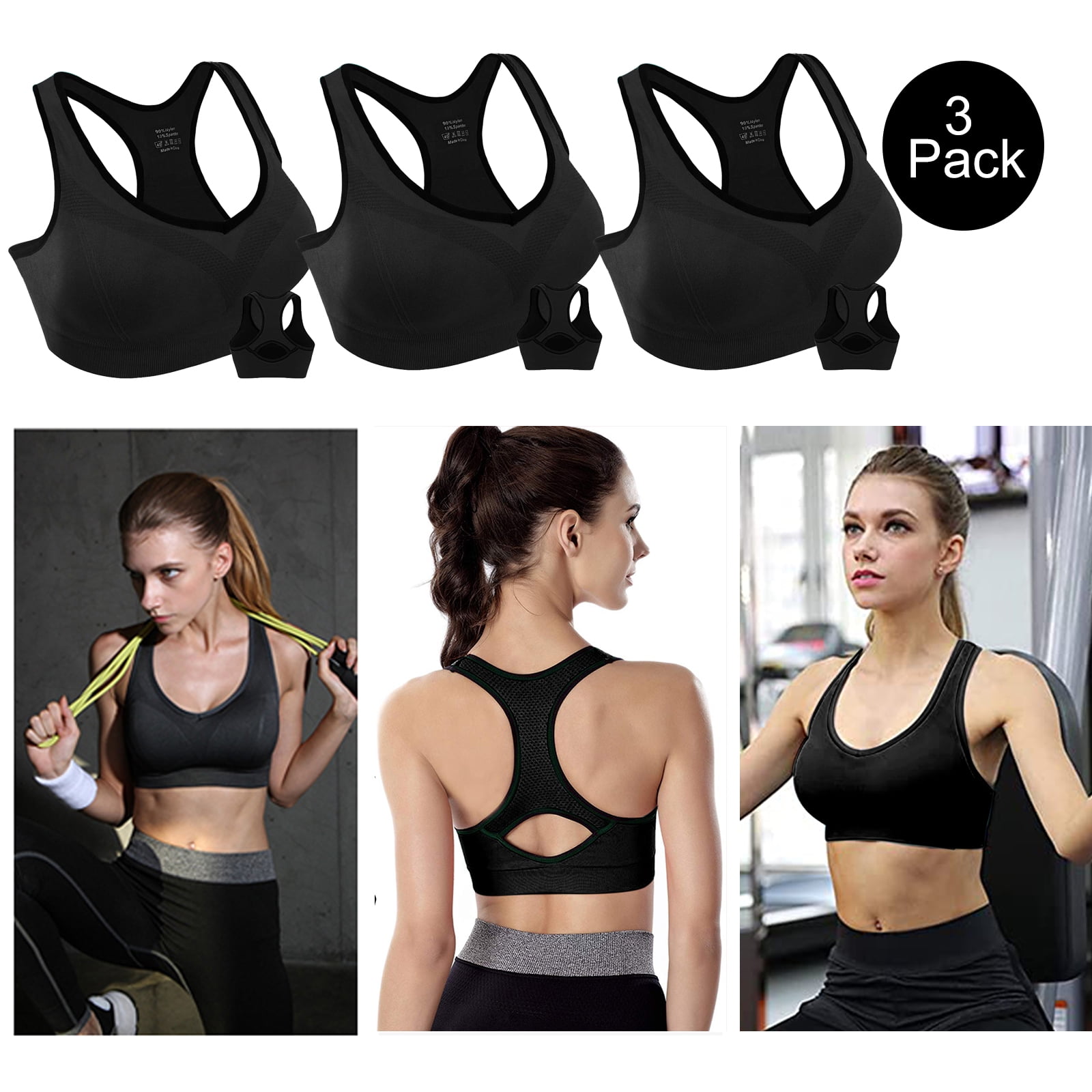 Workout Sports Bra with 3 Pack for Women, XXL Sized Padded Seamless High  Impact Racerback Bras Suitable for Indoor Outdoor Yoga Gym Fitness (Black)  