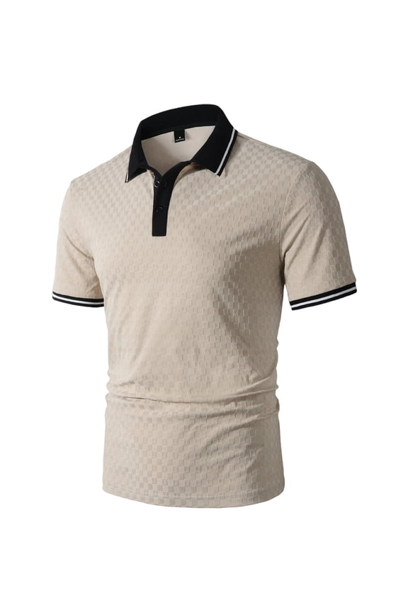 Workout T-Shirt Men's Summer Short Sleeved Lapel T-Shirt Embossed Checkered Dressy Casual Business Golf Tee Tops Khaki XL