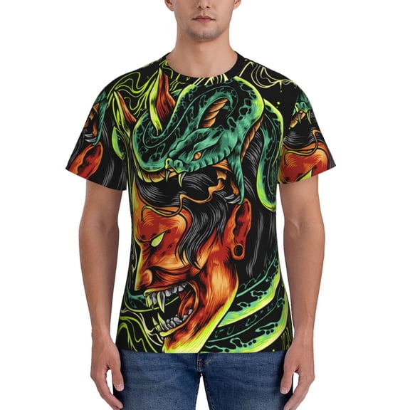 Workout T-Shirt Muscle Fit Athletic Tee Short Sleeve Shirt Gym Running, Devil Snake Demon Japanese