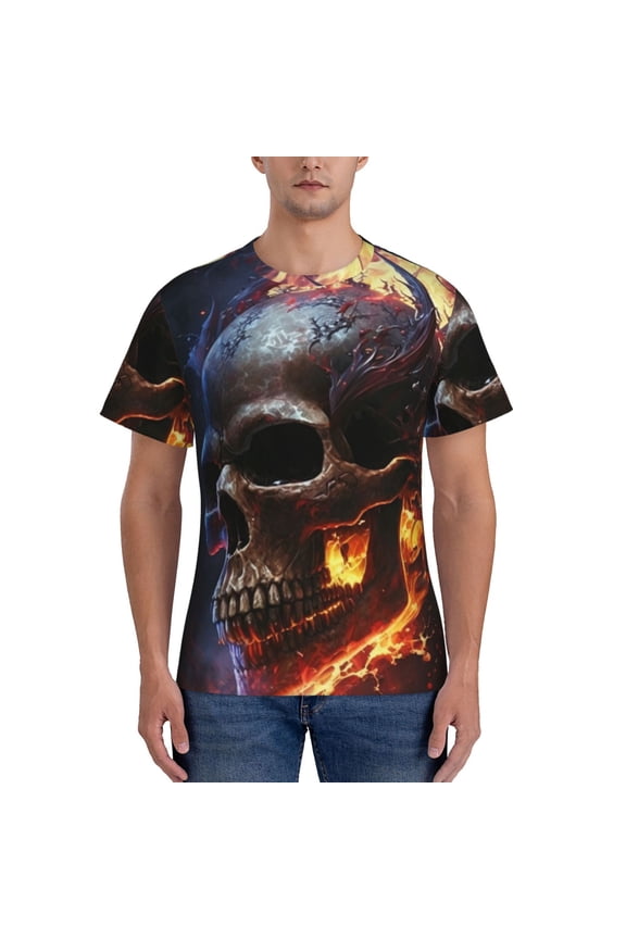 Workout T-Shirt Muscle Fit Athletic Tee Short Sleeve Shirt Gym Running, Gothic Skull On Fire Death Cool