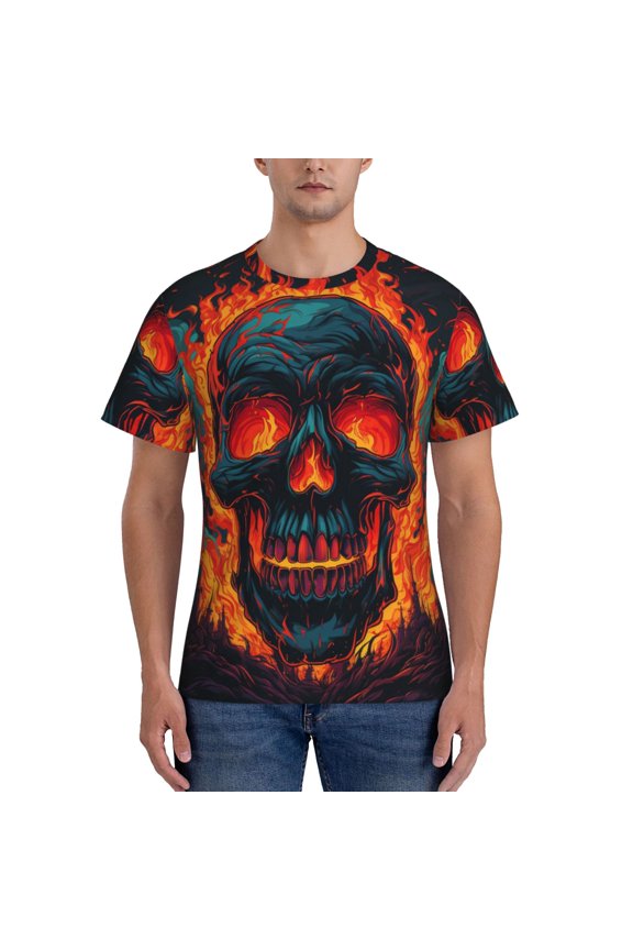 Workout T-Shirt Muscle Fit Athletic Tee Short Sleeve Shirt Gym Running, Gothic Skull On Fire Flaming