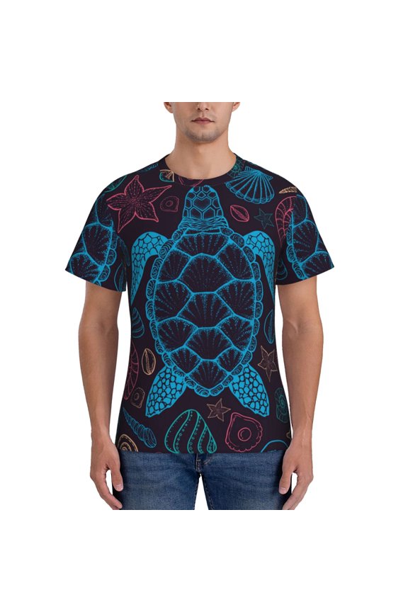 Workout T-Shirt Muscle Fit Athletic Tee Short Sleeve Shirt Gym Running, Sea Turtle Shells Starfish