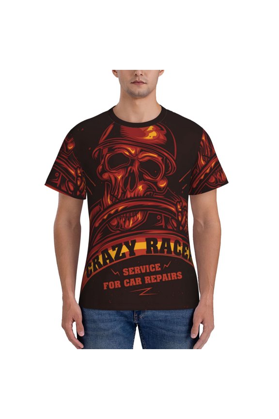 Workout T-Shirt Muscle Fit Athletic Tee Short Sleeve Shirt Gym Running, Skull Crazy Racer Gothic Vintage