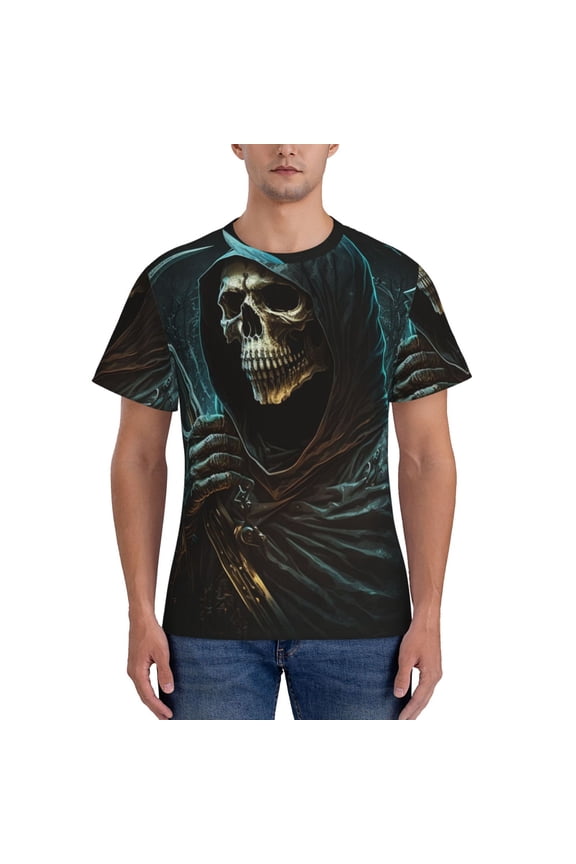 Workout T-Shirt Muscle Fit Athletic Tee Short Sleeve Shirt Gym Running, Skull Gothic Death Grim Reaper