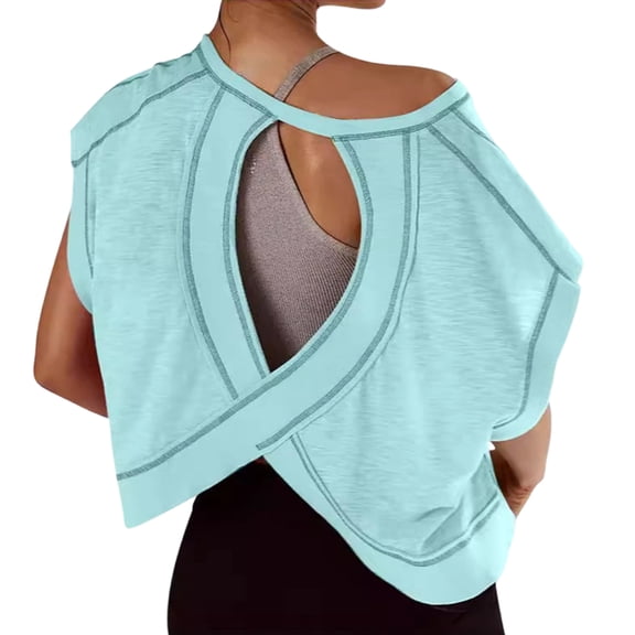 Workout T Shirts for Women Open Back Short Sleeve Yoga Shirts Slouchy Crop Top Casual Running Tees for Pilates