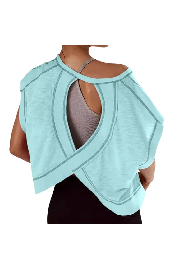 Workout T Shirts for Women Open Back Short Sleeve Yoga Shirts Slouchy Crop Top Casual Running Tees for Pilates