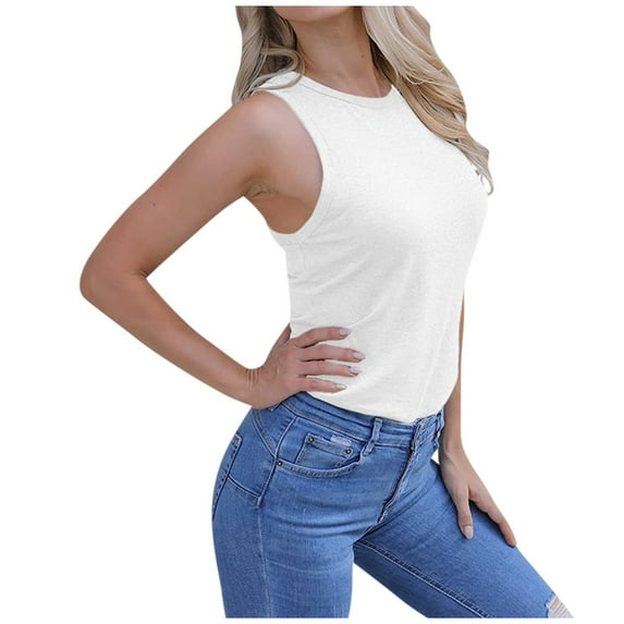 Workout Tank Top for Women Crew Neck Sleeveless Tops Tees Shirts Jogging Athletic Comfy Tanks Solid Color (Large, White)
