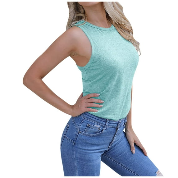 Workout Tank Top for Women Crew Neck Sleeveless Tops Tees Shirts Jogging Athletic Comfy Tanks Solid Color (Small, Light Blue)