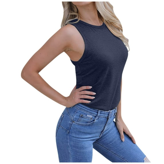 Workout Tank Top for Women Crew Neck Sleeveless Tops Tees Shirts Jogging Athletic Comfy Tanks Solid Color (XX-Large, Navy)