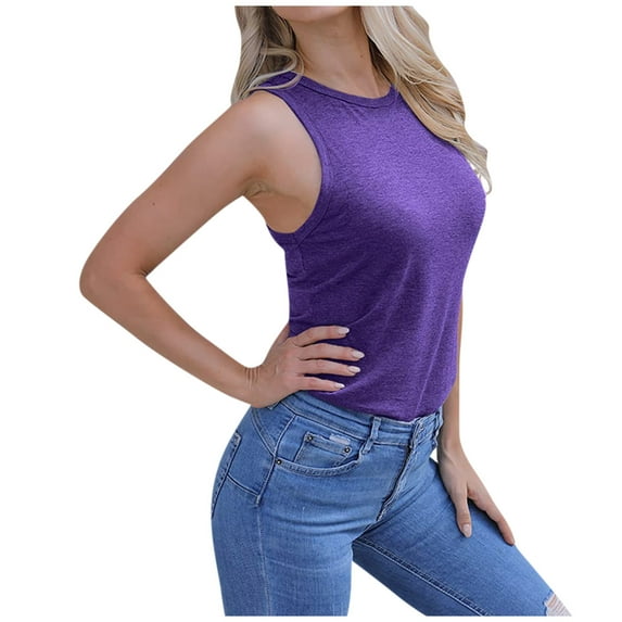 Workout Tank Top for Women Crew Neck Sleeveless Tops Tees Shirts Jogging Athletic Comfy Tanks Solid Color (XX-Large, Purple)