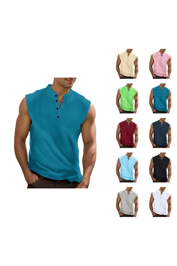 Workout Tank Tops Men Lightweight Breathable Band Collar Muscle Sleeveless Henley Shirt Athletic Running Gym Tanks