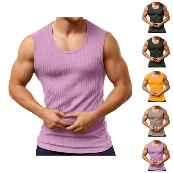 Workout Tank Tops Men Lightweight Breathable Ribbed Knit Slim Fit Scoop Neck Muscle Sleeveless Shirt Athletic Gym Tanks