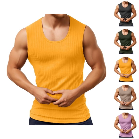 Workout Tank Tops Men Lightweight Breathable Ribbed Knit Slim Fit Scoop Neck Muscle Sleeveless Shirt Athletic Gym Tanks