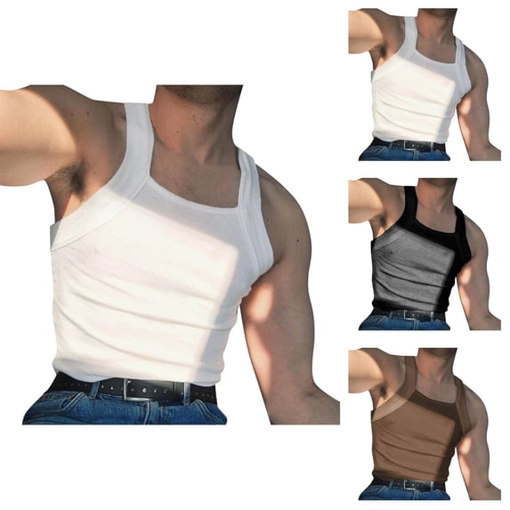 Workout Tank Tops Men Lightweight Breathable Ribbed Knit Square Neck Muscle Sleeveless Shirt Athletic Running Gym Tanks