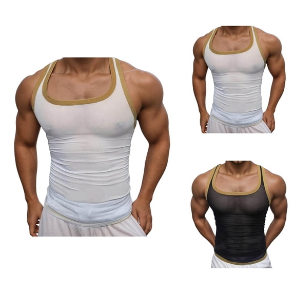 Workout Tank Tops Men Lightweight Breathable Square Neck Semi Sheer Slim Fit Muscle Sleeveless Shirt Athletic Gym Tanks