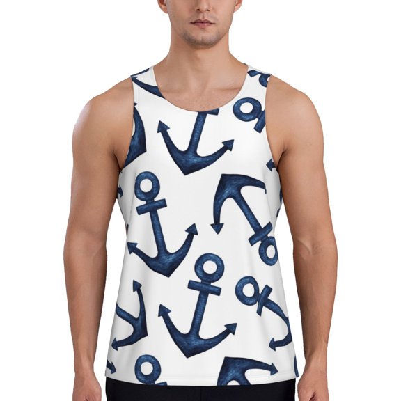 Workout Tank Tops Men, Navy Blue Anchor Quick Dry Sleeveless Shirt For Men, Muscle Shirts For Bodybuilding