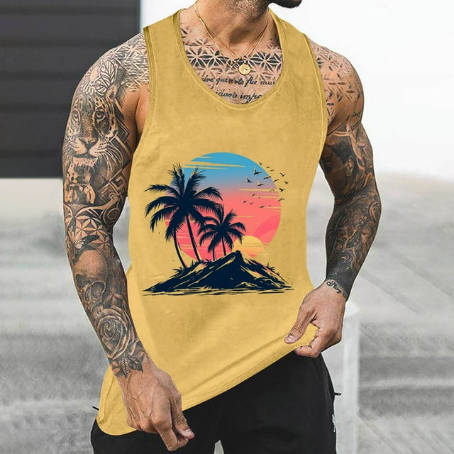 Workout Tank Tops Plus Size Men Sleeveless Graphic Tee Round Neck Tanks