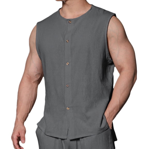 Workout Tank Tops Qiggri Mens Casual Fashion Solid Round Neck Sleeveless Button Up Cardigan Tank