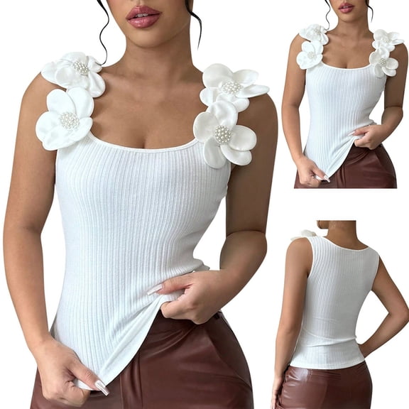 Workout Tank Tops Woman Floral Ruffles Strap Sole Casual Sleeveless Knit Square Collar Racerback White Basic Fitted Summer Clothes L