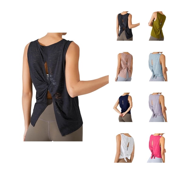 Workout Tank Tops Woman Lightweight Breathable Crewneck Tie Back Loose Sleeveless Shirt Athletic Yoga Gym Tanks