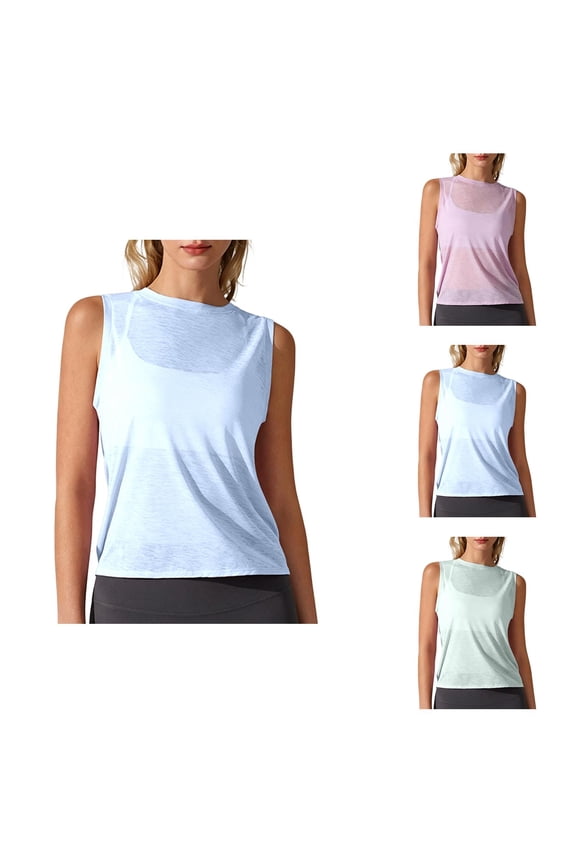 Workout Tank Tops Woman Summer Lightweight Semi Sheer Crewneck Open Back Sleeveless Shirt Athletic Running Tanks