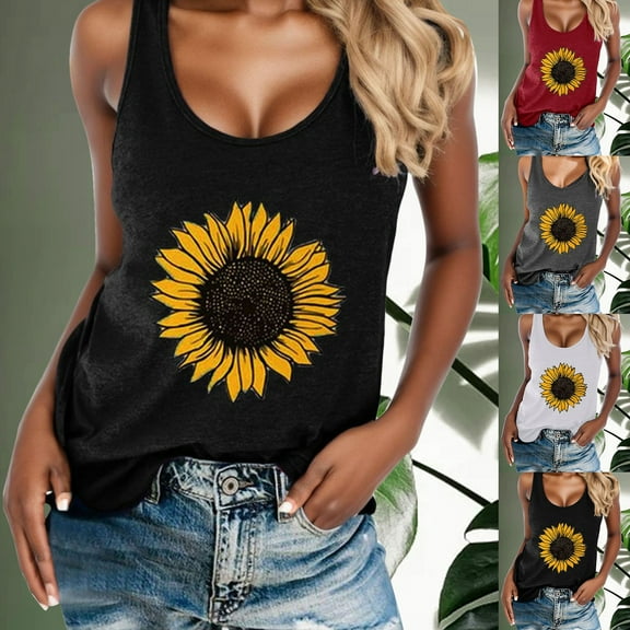 Workout Tank Tops Woman Sunflower Print Crew Neck Sleeveless Plus Size Racerback T Shirt Blue Summer Clothes Teen Girls XXXL