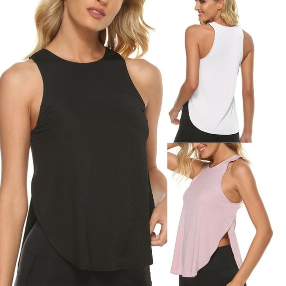 Workout Tank Tops Women Athletic Vest Round Neck Side Split Yoga Running Gym Solid Quick-Dry Sport Sweat Shirts Black XL