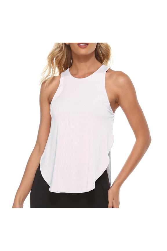 Workout Tank Tops Women Athletic Vest Round Neck Side Split Yoga Running Gym Solid Quick-Dry Sport Sweat Shirts White S