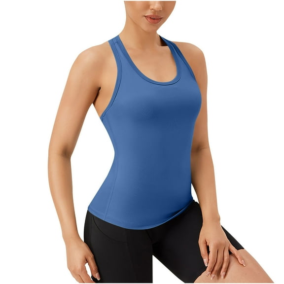 Workout Tank Tops for Women Built in Bras Padded - Racerback Athletic Yoga Camisole Slim Fitting Basic Sleeveless Tee Racer Back Tank Tops Ladys Navy S