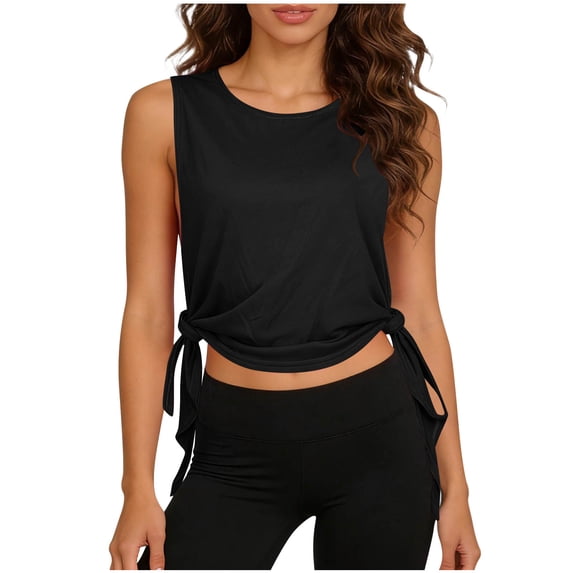 Workout Tank Tops for Women Sport Athletic Yoga Running Gym Casual Loose Cropped Sleeveless Side Tie Shirts New Summer Fashion for Women Trendy Black One Size