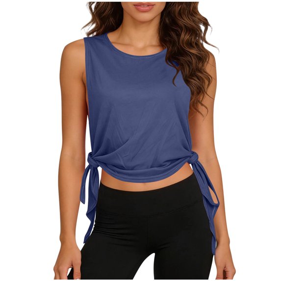 Workout Tank Tops for Women Sport Athletic Yoga Running Gym Casual Loose Cropped Sleeveless Side Tie Shirts New Summer Tank Tops for Women Plus Size Navy One Size