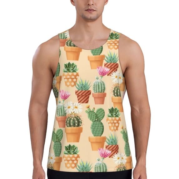 Workout Tank Tops for Men - Cactus Blooming Potted Plant Quick Dry Sleeveless Muscle Shirts for Men with Running
